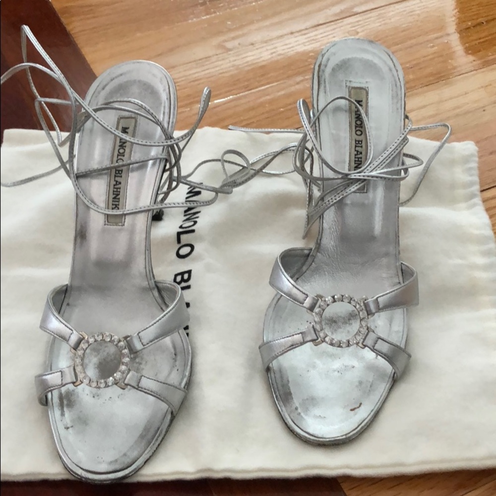 Silver Manolo ankle strap sandals